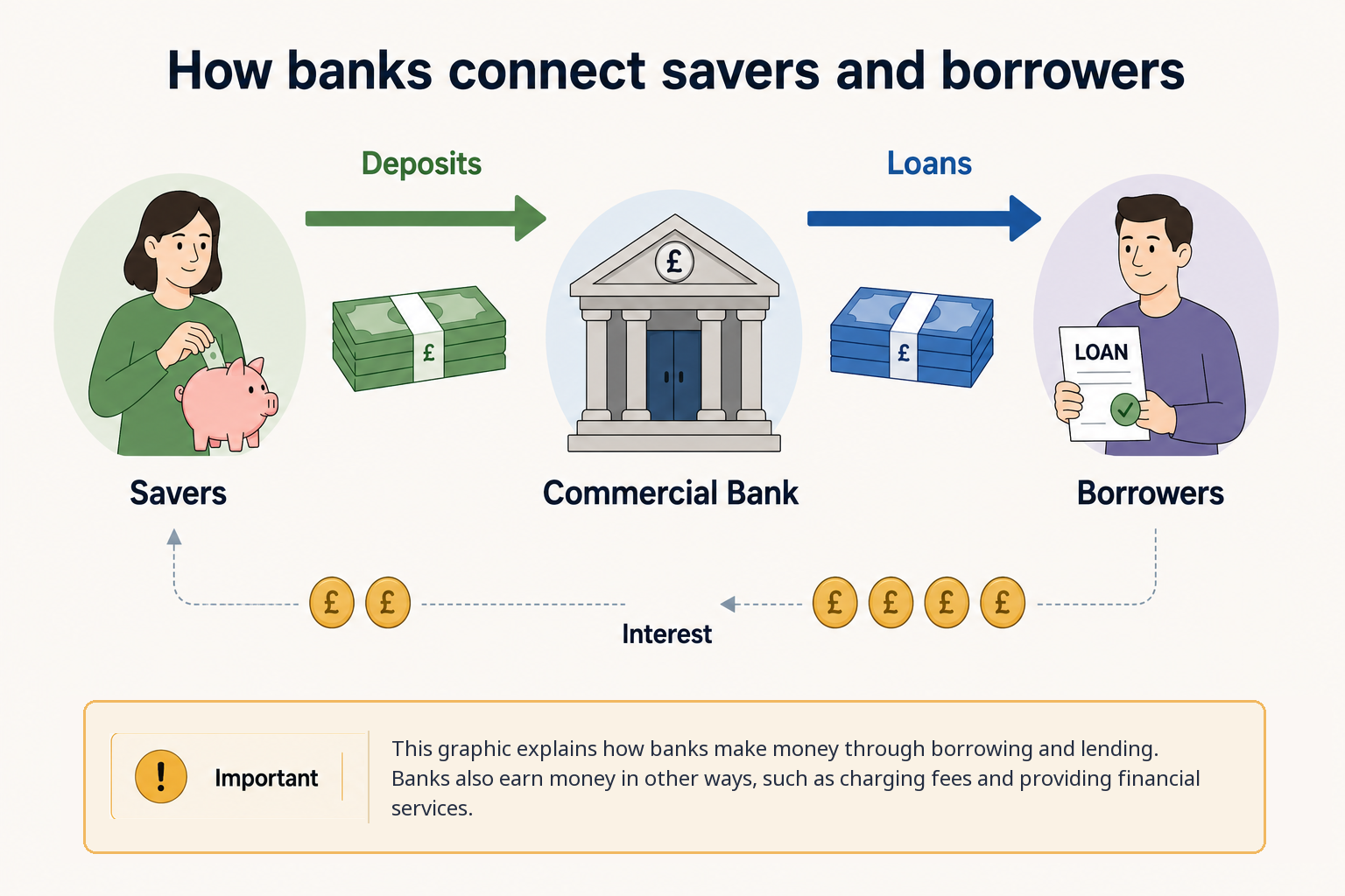 How banks connect savers and borrowers — an illustrated diagram showing savers depositing money into a commercial bank, the bank lending that money to borrowers, and borrowers repaying the bank with interest, some of which is passed on to savers.