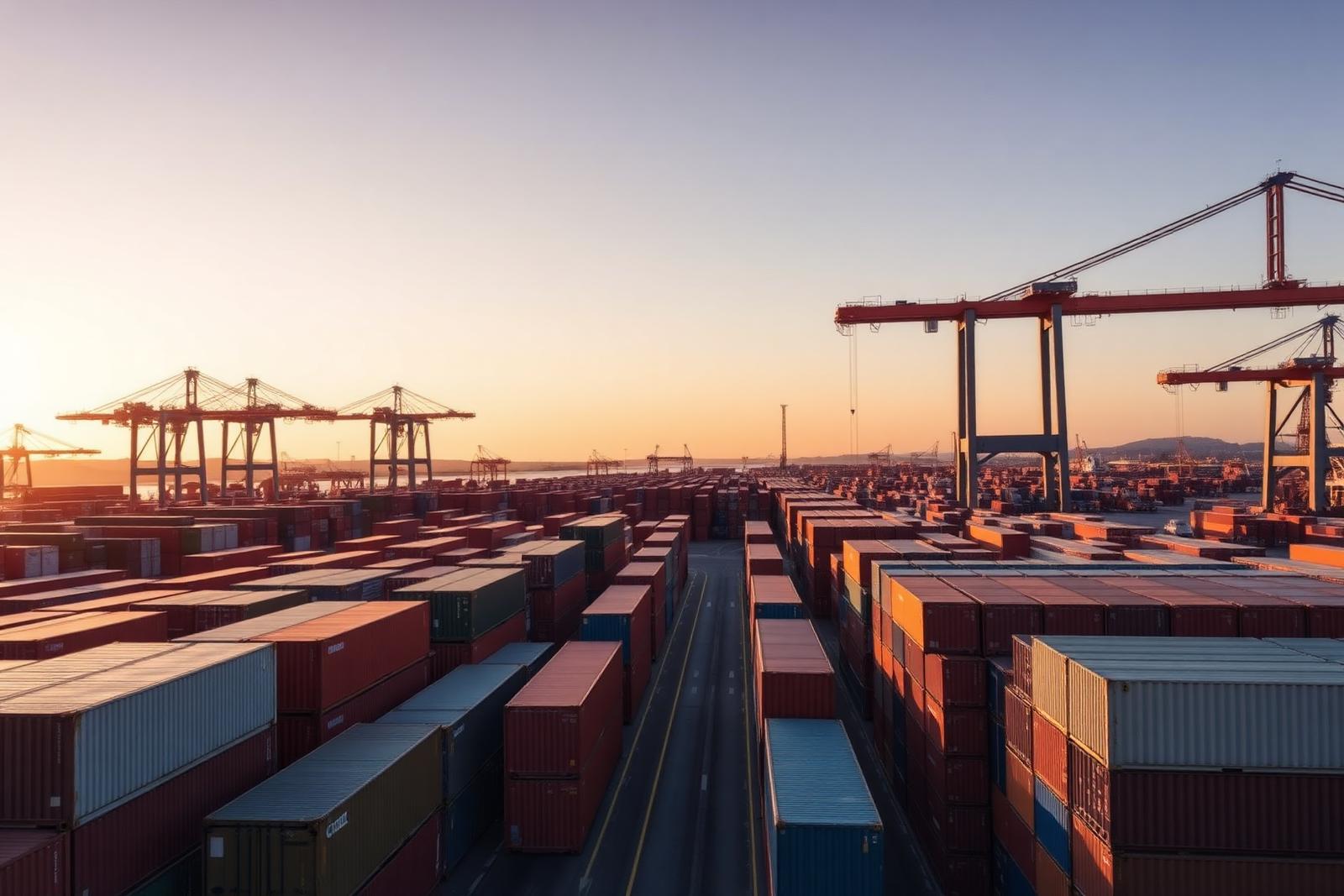 Rows of shipping containers and gantry cranes at a busy port at dusk, evoking trade and interconnected economic systems.