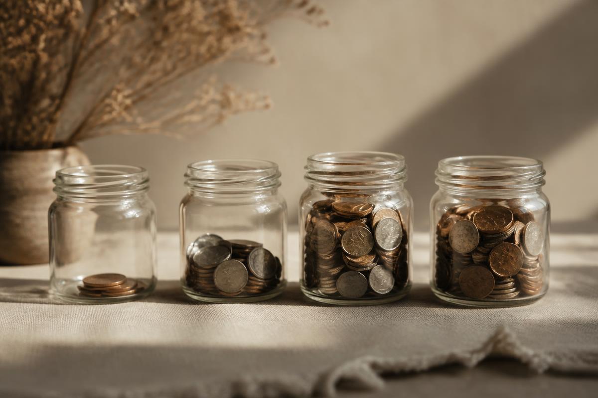 Four glass jars holding different amounts of coins, lined up on a warm-toned linen surface in soft natural light.
