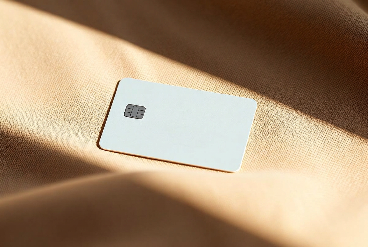 A plain bank card resting on a warm-toned linen surface in soft natural light.
