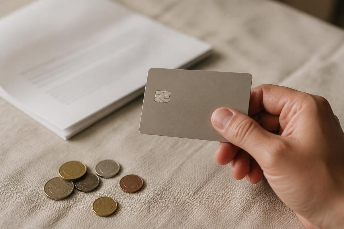 A hand holding a plain credit card above a warm-toned linen surface, with a few coins and a folded loan document in the background.