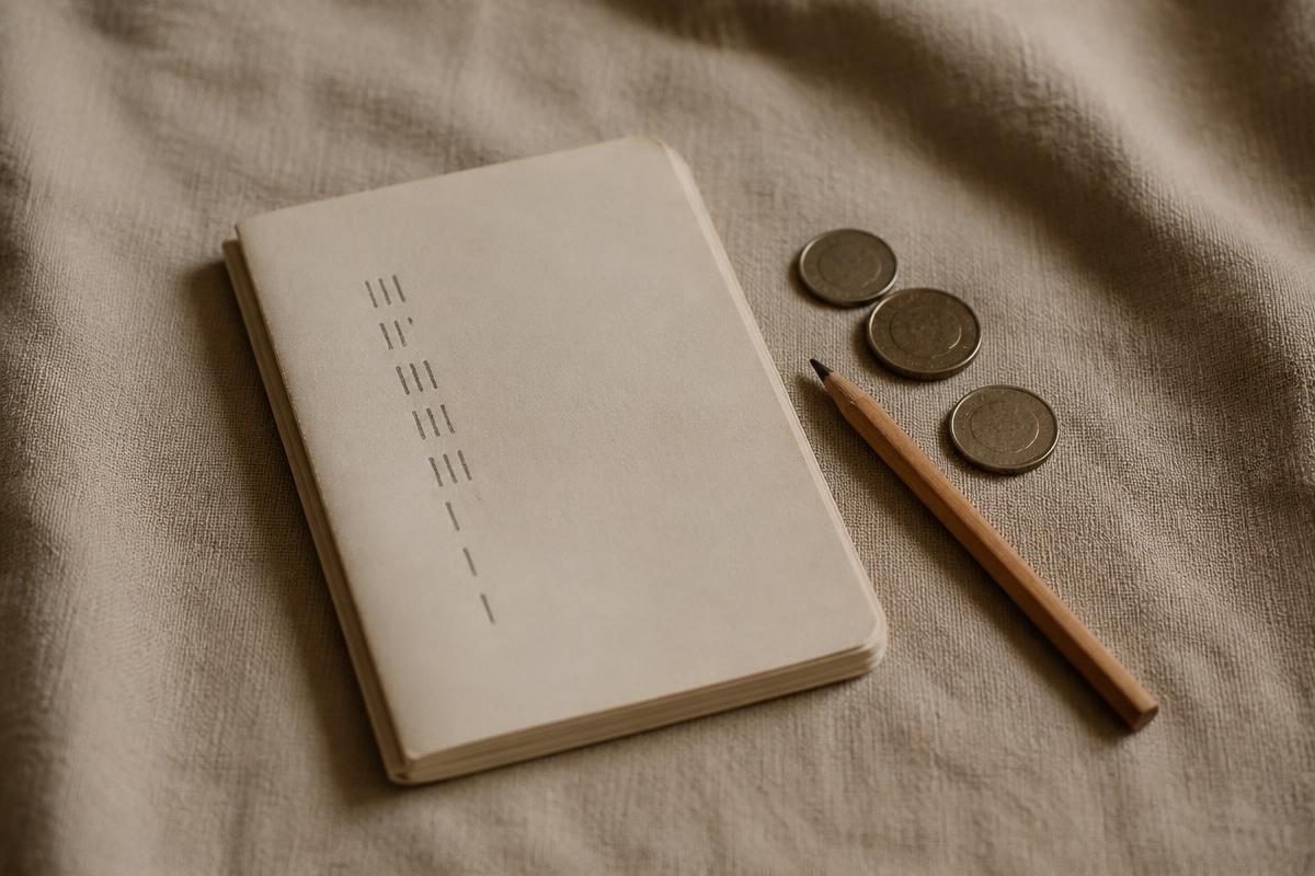 A plain notebook, pencil and a few coins on a warm-toned linen surface in soft natural light.