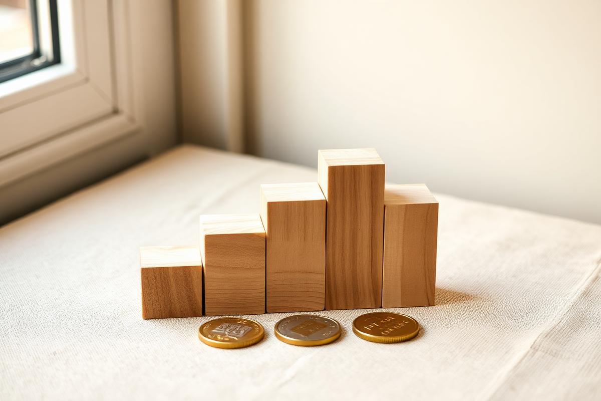 Plain wooden blocks arranged like an ascending score chart beside three coins on a warm linen surface.