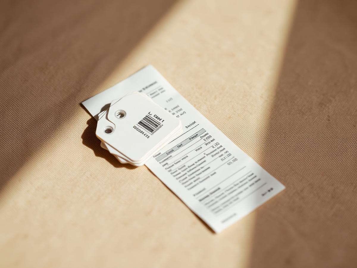 A small stack of price tags resting on a paper receipt in soft warm light.