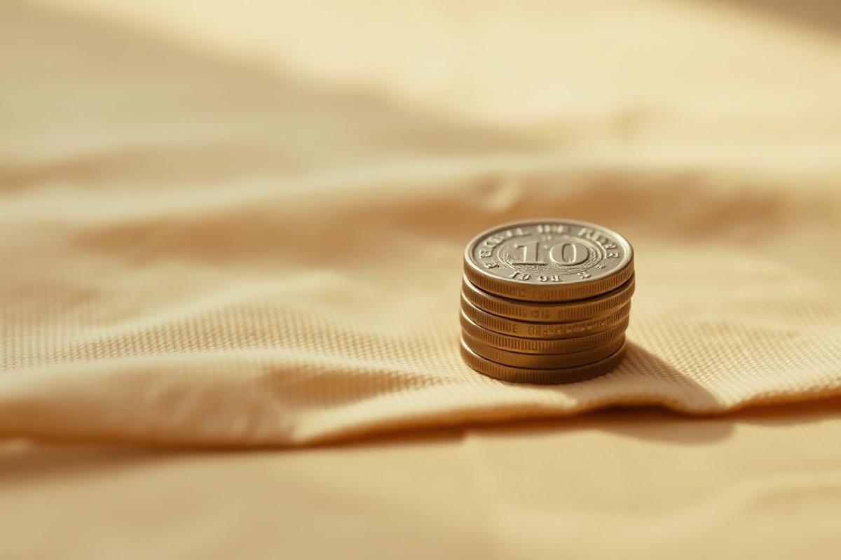 A small stack of British pound coins on a plain warm-toned linen surface in soft light.