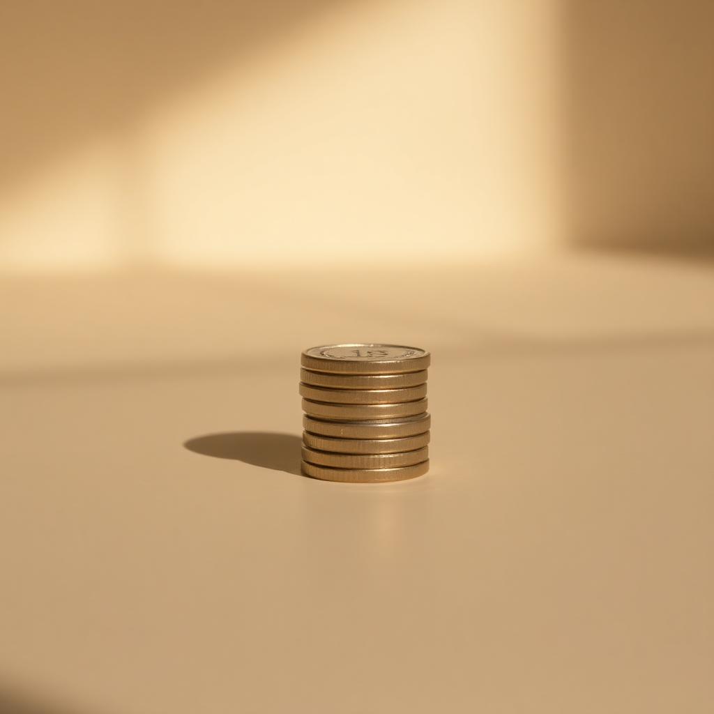 A small stack of coins on a plain warm-toned surface.
