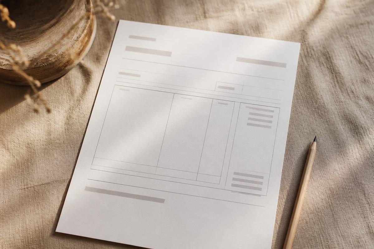 A plain printed payslip resting on a warm-toned linen surface beside a pencil in soft natural light.
