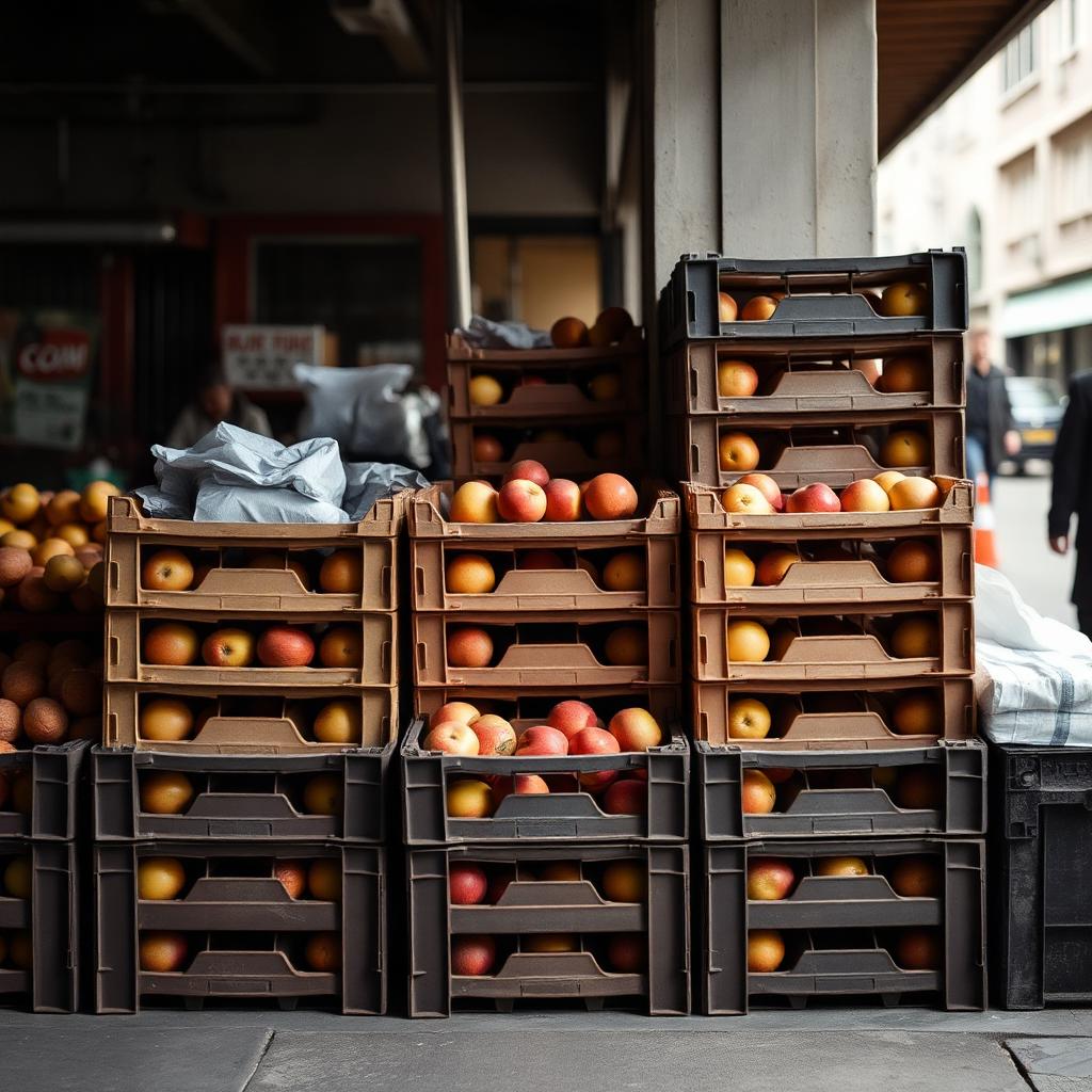 Stacked crates of fresh produce at a quiet market stall.