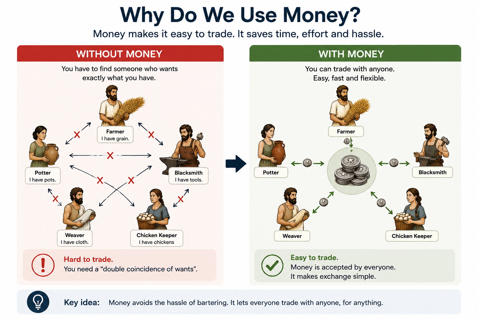 Why Do We Use Money? — a diagram contrasting bartering, which requires a double coincidence of wants, with money, which lets anyone trade with anyone.