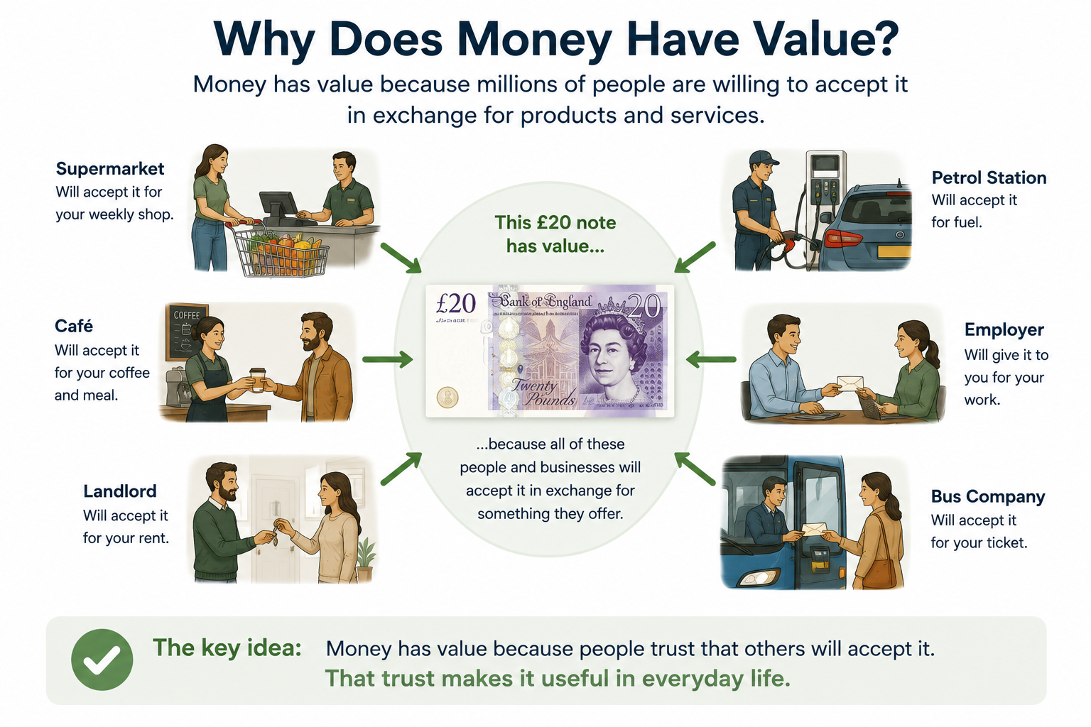 Why Does Money Have Value? — a diagram showing a £20 note surrounded by the supermarket, café, landlord, petrol station, employer and bus company that will all accept it.