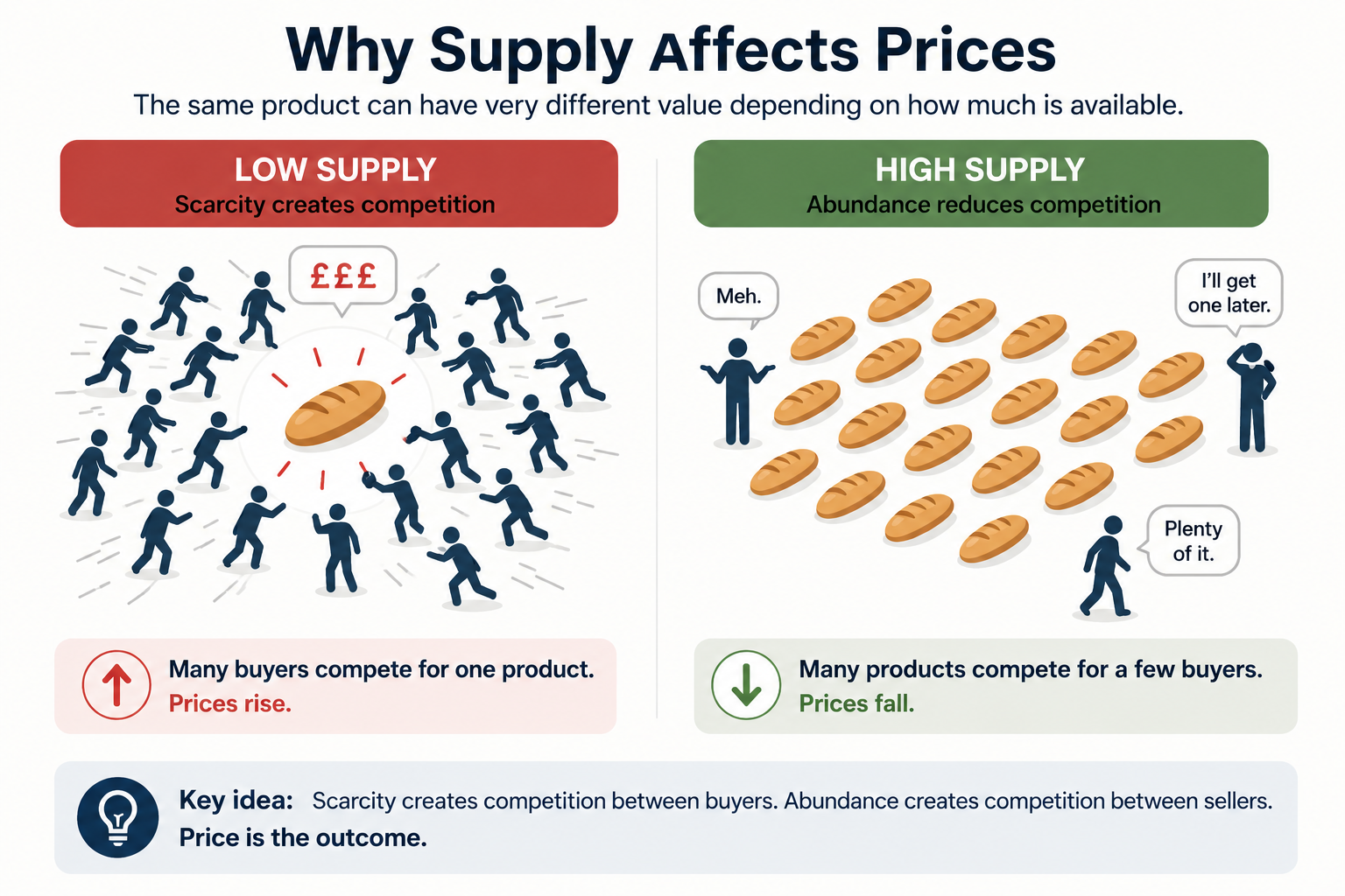 Why Supply Affects Prices — a diagram contrasting low supply, where scarcity creates competition and prices rise, with high supply, where abundance reduces competition and prices fall.